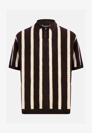 Lühikeste varrukatega kootud polo särk, millel on vertikaalsed mustad ja kreemikollased triibud ning kolmeknupuline krae.