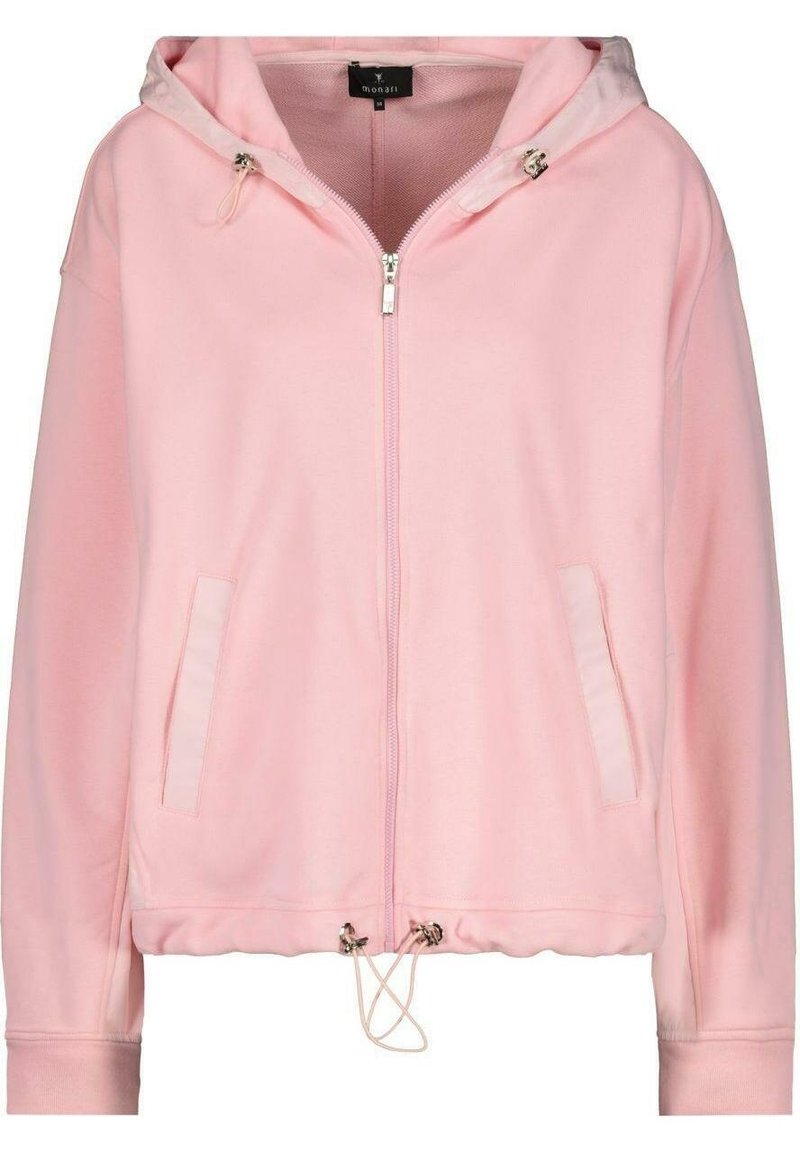 Felpa rosa con zip realizzata in tessuto liscio, dotata di cappuccio, due tasche frontali e regolazioni con cordini all'orlo per una vestibilità sicura.