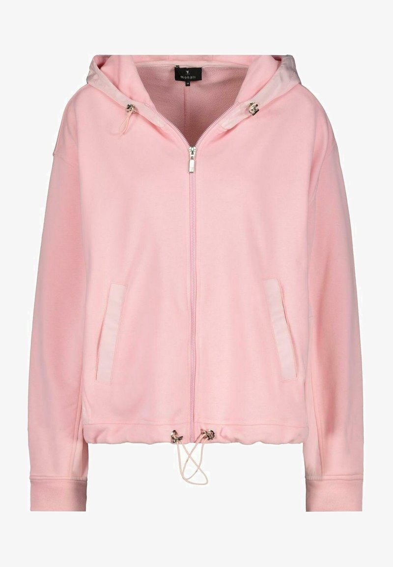 Felpa rosa con zip realizzata in tessuto liscio, dotata di cappuccio, due tasche frontali e regolazioni con cordini all'orlo per una vestibilità sicura.