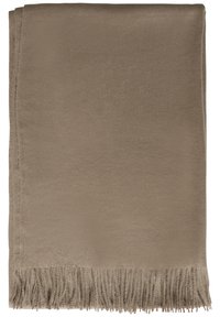 Piazza in morbido color taupe, con una texture liscia e bordi frangiati, presenta una forma rettangolare e un design semplice.