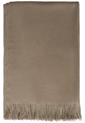Couverture douce en taupe avec une texture lisse et des bords frangés, présentant une forme rectangulaire et un design simple.