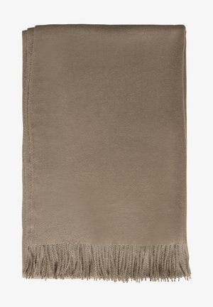 Piazza in morbido color taupe, con una texture liscia e bordi frangiati, presenta una forma rettangolare e un design semplice.