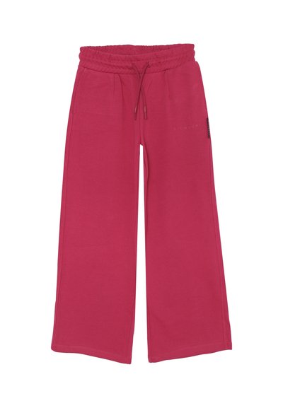 Pantaloni in felpa rossi a gamba larga con cintura elastica, coulisse, tasche laterali e un logo discreto sulla coscia superiore.