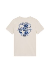 Kremowa bawełniana koszulka z krótkim rękawem, z niebieskim graficznym wzorem globu i napisem "Les Deux" na plecach.