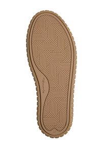 Bruine rubberen zool met een golfpatroon. Circulaire accenten bij de teen en een gestructureerd oppervlak voor grip. Maat 37 aangegeven aan de zijkant.