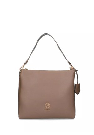 Borsa in pelle color taupe con manico corto a fantasia, zip dorata e piccolo logo dorato al centro frontale.