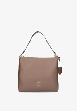 Taupe leather handbag with short patterned strap, gold zipper, and small gold logo on front center.