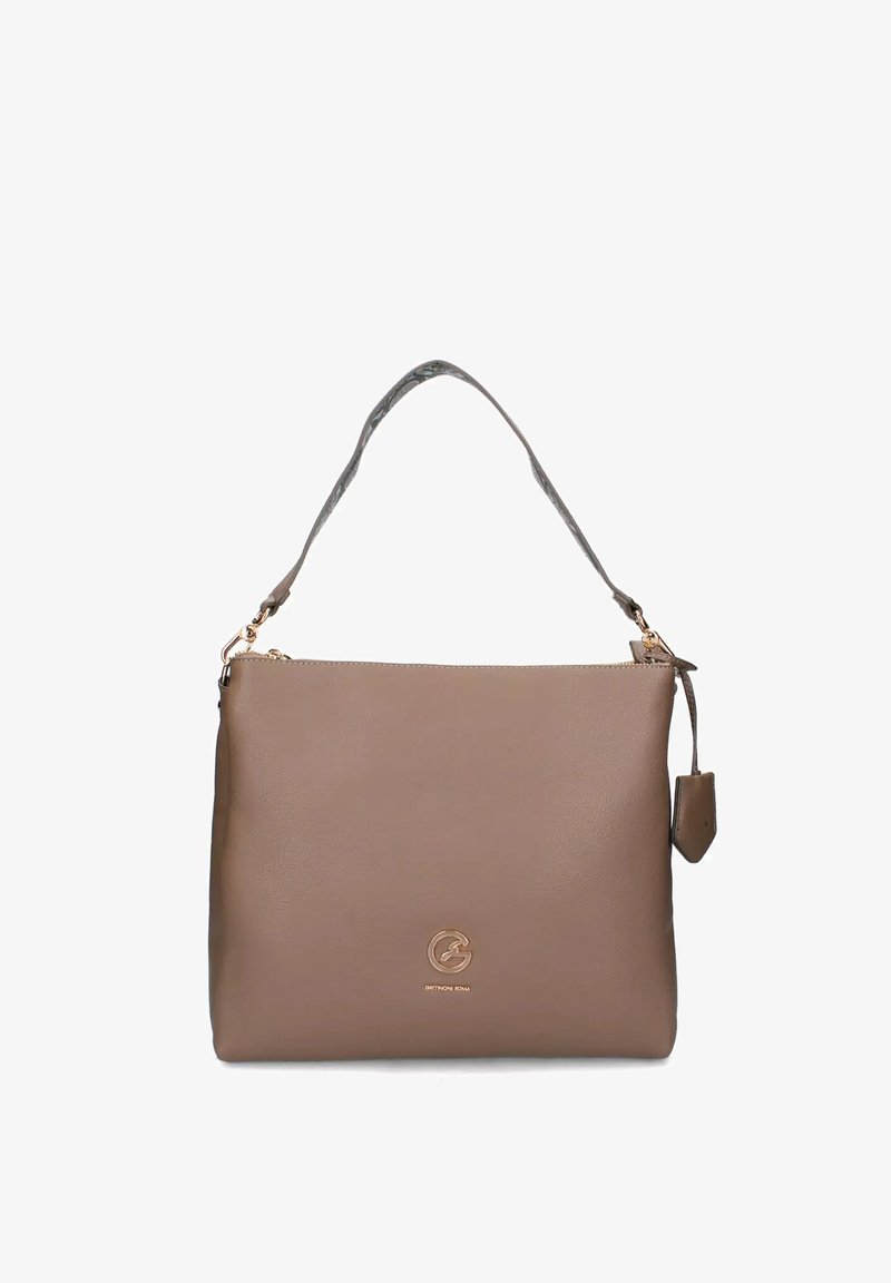 Borsa in pelle color taupe con manico corto a fantasia, zip dorata e piccolo logo dorato al centro frontale.