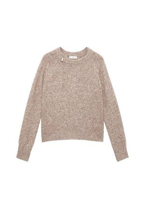 Suéter de punto beige con mangas largas, cuello redondo y dobladillo acanalado. Presenta una textura sutil y un detalle de cremallera en el hombro izquierdo.