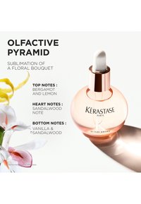 Botella cuentagotas de vidrio con base redondeada, líquido de tono rosado y tapa dorada. Acompañada de flores blancas y rosas y piel de limón.