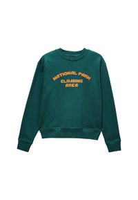 Sweatshirt bleu-vert avec col rond, épaules tombantes et poignets côtelés, portant l'inscription "ZONE D'ESCALADE DES PARCS NATIONAUX" en orange.