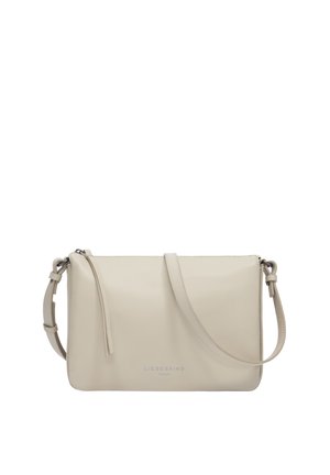 Beige Leder-Umhängetasche mit verstellbarem Riemen, Reißverschluss und dezentem "Liebeskind Berlin"-Logo auf der Vorderseite.