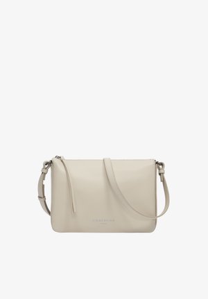 Beige Leder-Umhängetasche mit verstellbarem Riemen, Reißverschluss und dezentem "Liebeskind Berlin"-Logo auf der Vorderseite.