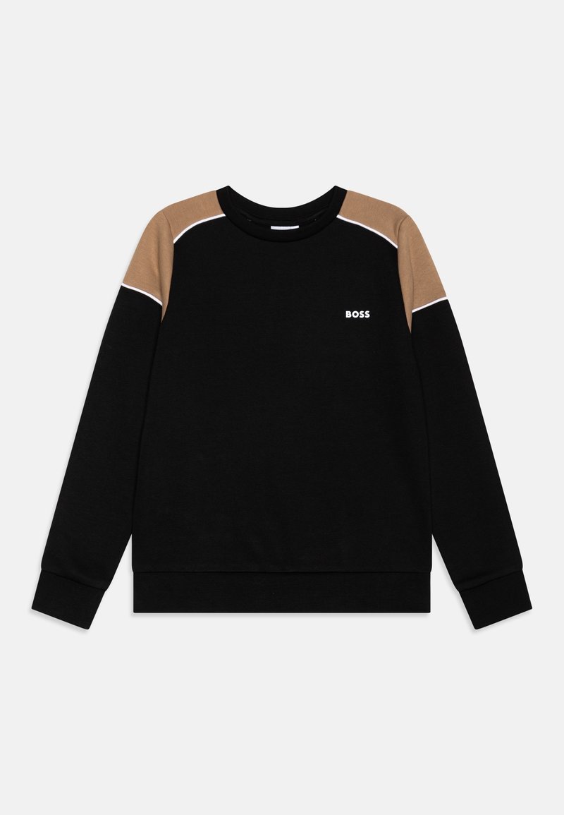 Czarna bluza z okrągłym dekoltem, z brązowymi panelami na ramionach i białym lamówką, z małym białym logo "BOSS" na lewej piersi.