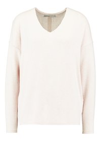 Jasnoróżowy pulower z długim rękawem, dekoltem w serek, luźnym fasonem i miękką teksturą. Posiada prążkowany kołnierz i mankiety.