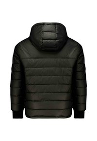 Veste noire matelassée avec capuche, présentant un quilting horizontal, des poignets élastiques et une finition lisse. Vue de dos mettant en avant un design sans coutures.