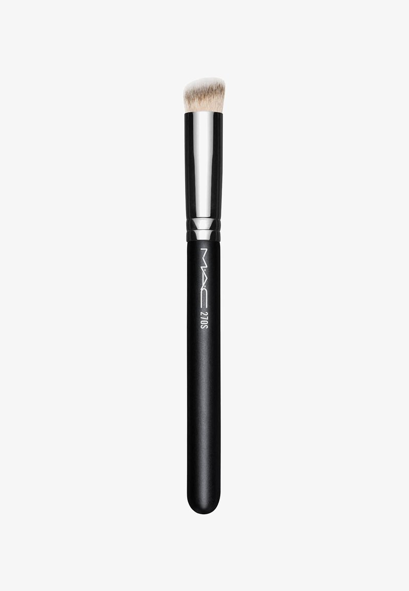 Pennello per trucco nero con una testa di setole bianche morbide leggermente affusolata, ghiera metallica e manico liscio con marchi del brand.
