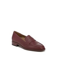 Bordeaux leren loafers met een gestructureerde afwerking, vierkante neus en lage hak. Kenmerkt zich door een gestikte accent over de wreef en een gladde binnenvoering.