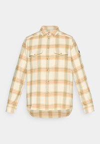Camicia di flanella a quadri nei toni crema, arancione e blu. Presenta maniche lunghe, chiusura con bottoni e due tasche sul petto con pattina.
