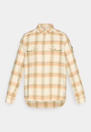 Geruite flanellen shirt in romige, oranje en blauwe tinten. Voorzien van lange mouwen, knoopsluiting en twee borstzakken met kleppen.