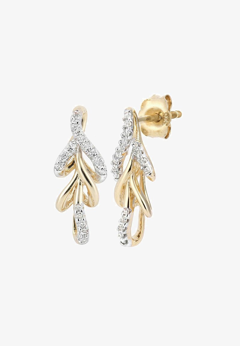 Zlate in srebrne uhane v obliki lista, okrašene s svetlečimi kamni po celotni zasnovi, z varnim nastavljivim sponkam.