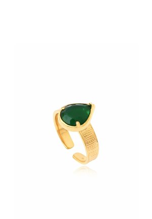 Bague réglable en or avec une bande texturée et une grande pierre précieuse verte en forme de poire sertie de griffes.