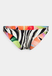 Parte de baixo de biquíni com um padrão colorido de flores e listras de zebra, feita de tecido elástico, com design baixo e costuras laterais franzidas.