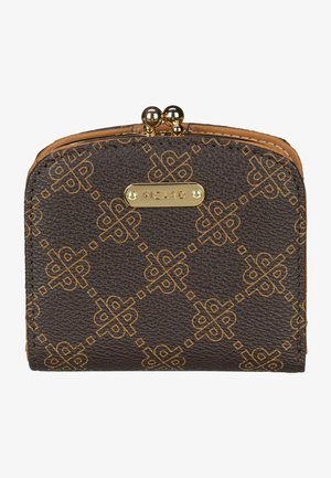 Braune, strukturierte Geldbörse mit goldfarbenen Akzenten und einem sich wiederholenden Logo-Muster. Verfügt über einen Verschluss mit zwei Metallkugeln. Markenschild sichtbar.