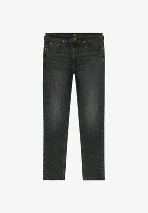 Jean en denim gris foncé, à coupe droite, design à cinq poches et braguette classique. Présente un léger délavage et des coutures ton sur ton.