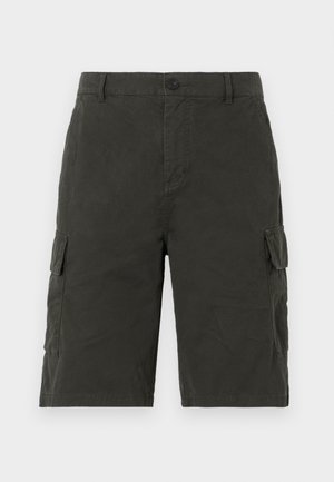 Sötétzöld cargo rövidnadrág könnyű anyagból, két oldalsó zsebbel és gombos derékzárral.