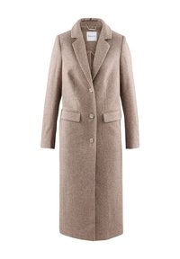 Beige uldfrakke med krave, en-kantet design, tre frontknapper og to sidelommer. Glat tekstur og skræddersyet pasform.
