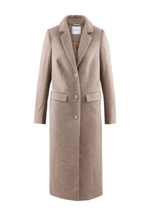 Beige uldfrakke med krave, en-kantet design, tre frontknapper og to sidelommer. Glat tekstur og skræddersyet pasform.