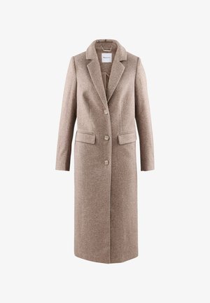 Manteau en laine beige avec un col cranté, à boutonnage simple, trois boutons avant et deux poches latérales. Texture lisse et coupe ajustée.