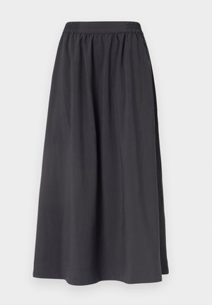 Black cotton skirt with an elasticated waistband, A-line shape, and smooth texture, reaching mid-calf length with no visible patterns or hardware.