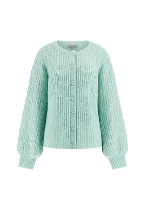 Light mint green knitted cardigan with a round neckline, long puffy sleeves, and six buttons down the front. Textured fabric pattern.