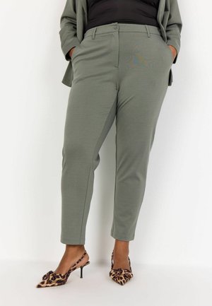 Světle zelené kalhoty na míru se slim fit střihem, na bočních stranách kapsy a hladkým povrchem. V páru s leopardím potiskem a špičatými podpatky.
