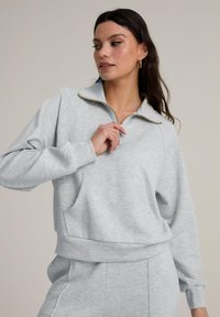 Ljusgrå sweatshirt med halvdragkedja, raglanärmar och ficka fram. Mjuk textur och elastisk detalj i midjan.