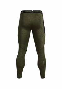Dark green fitted leggings made of textured material, featuring a black waistband with logo and a side pocket.