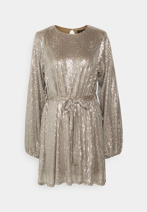 Long-sleeve, metallic silver sequin mini dress with round neckline, cinched waist belt, and slightly flared skirt on plain background.