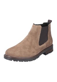 Bottine Chelsea en daim marron avec panneaux élastiques sur les côtés, design de cheville incurvé et semelle texturée. Dotée de coutures contrastées et d'une languette.