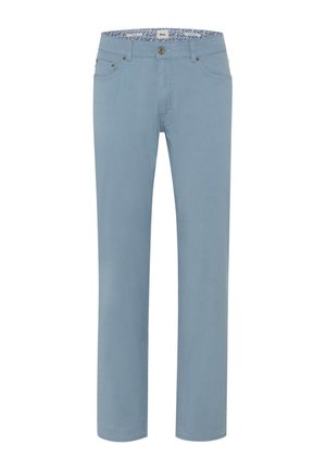 Hellblaue Hose mit geradem Bein, Knopf- und Reißverschluss, Taschen vorne und hinten sowie einem geblümten Bundfutter.