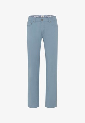 Hellblaue Hose mit geradem Bein, Knopf- und Reißverschluss, Taschen vorne und hinten sowie einem geblümten Bundfutter.