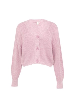 Rosa, verkürzter Cardigan mit V-Ausschnitt, langen Ärmeln und strukturiertem Strickmuster, ausgestattet mit vier vorderen Knöpfen und gerippten Bündchen.