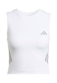 White sleeveless crop top made of soft material, featuring grey accent stripes on the sides and a small grey logo on the front.
