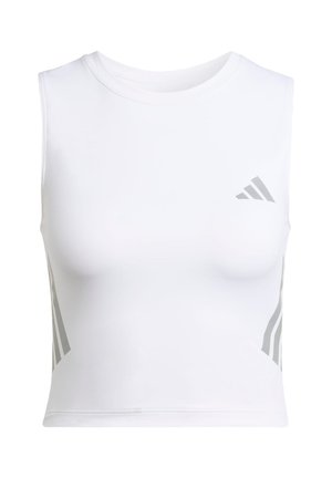 White sleeveless crop top made of soft material, featuring grey accent stripes on the sides and a small grey logo on the front.