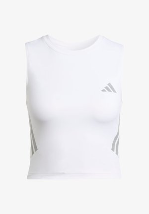 White sleeveless crop top made of soft material, featuring grey accent stripes on the sides and a small grey logo on the front.
