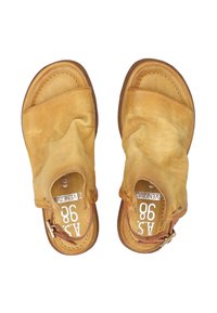 Brown leather sandals with an open toe, soft yellow upper, and adjustable buckle strap. Features a textured, worn appearance. Size 39.