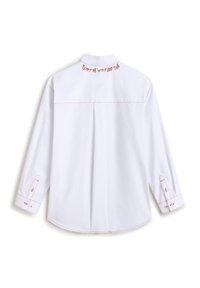 White shirt with long sleeves, featuring red stitching and the text "Tempt Me With A Good Time" embroidered on the back. Smooth texture.