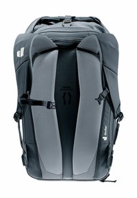 Un sac à dos noir et gris avec un support dorsal rembourré en maille, des sangles ajustables et plusieurs compartiments de rangement.