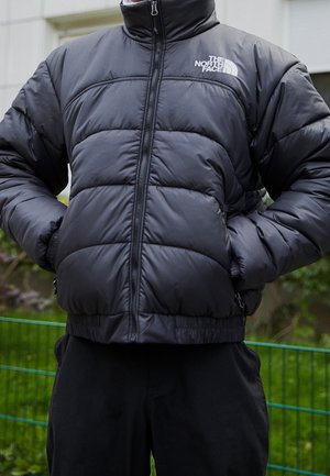 Personne portant une doudoune noire avec le logo The North Face, les mains dans les poches, debout à l'extérieur près d'une clôture verte et de l'herbe.